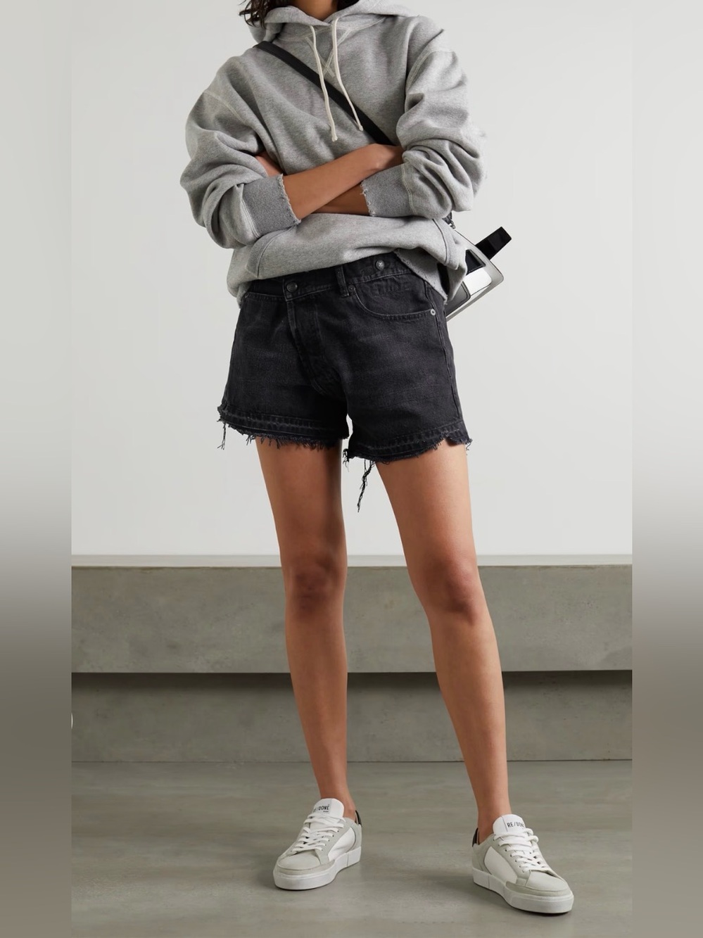 R13 crossover-waist raw-hem shorts